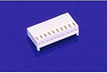 A white electronic connector with multiple contact pins on a blue background, used for connecting circuits.