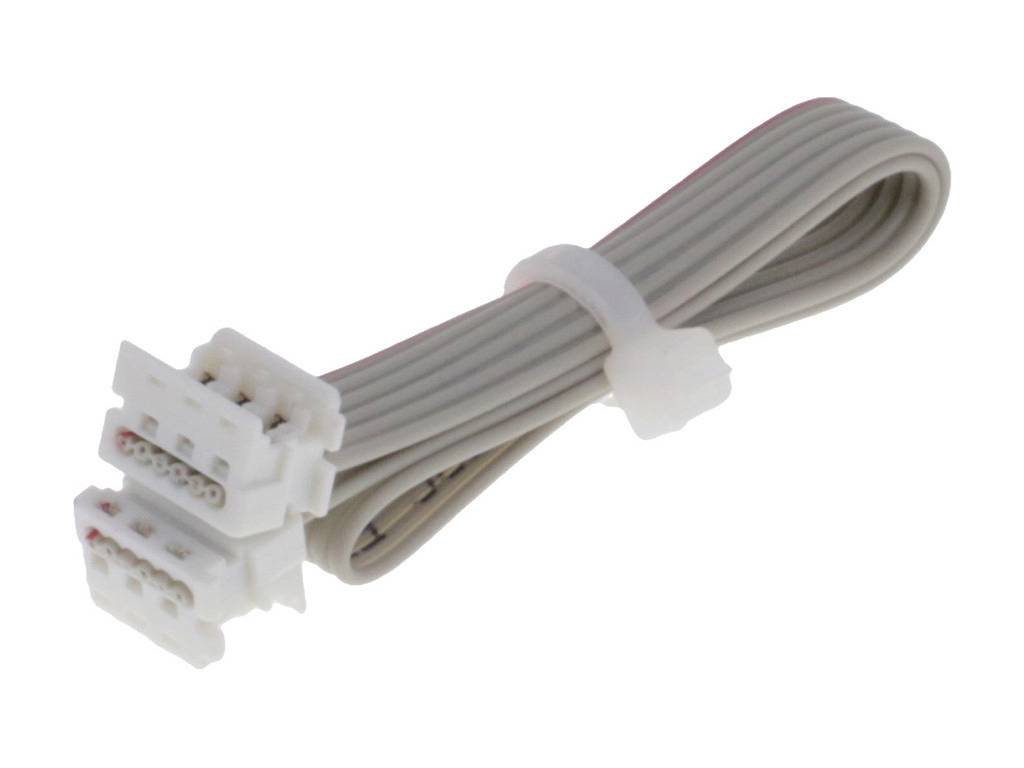 'Grey flat ribbon cable with three white connectors, bundled with white cable clip.'