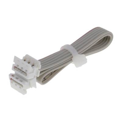 'Grey flat ribbon cable with three white connectors, bundled with white cable clip.'
