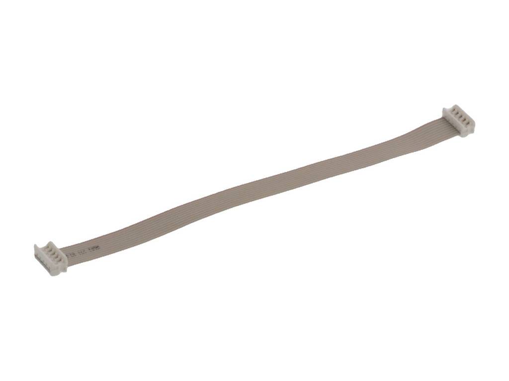 A grey flat ribbon cable with two white connectors at its ends lies on a white background.