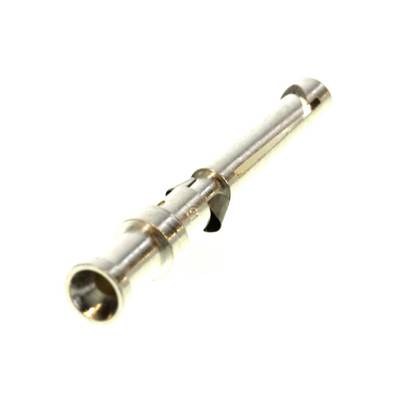 Metal cylindrical plug contact with mounting clips, lying at an angle on a white surface.