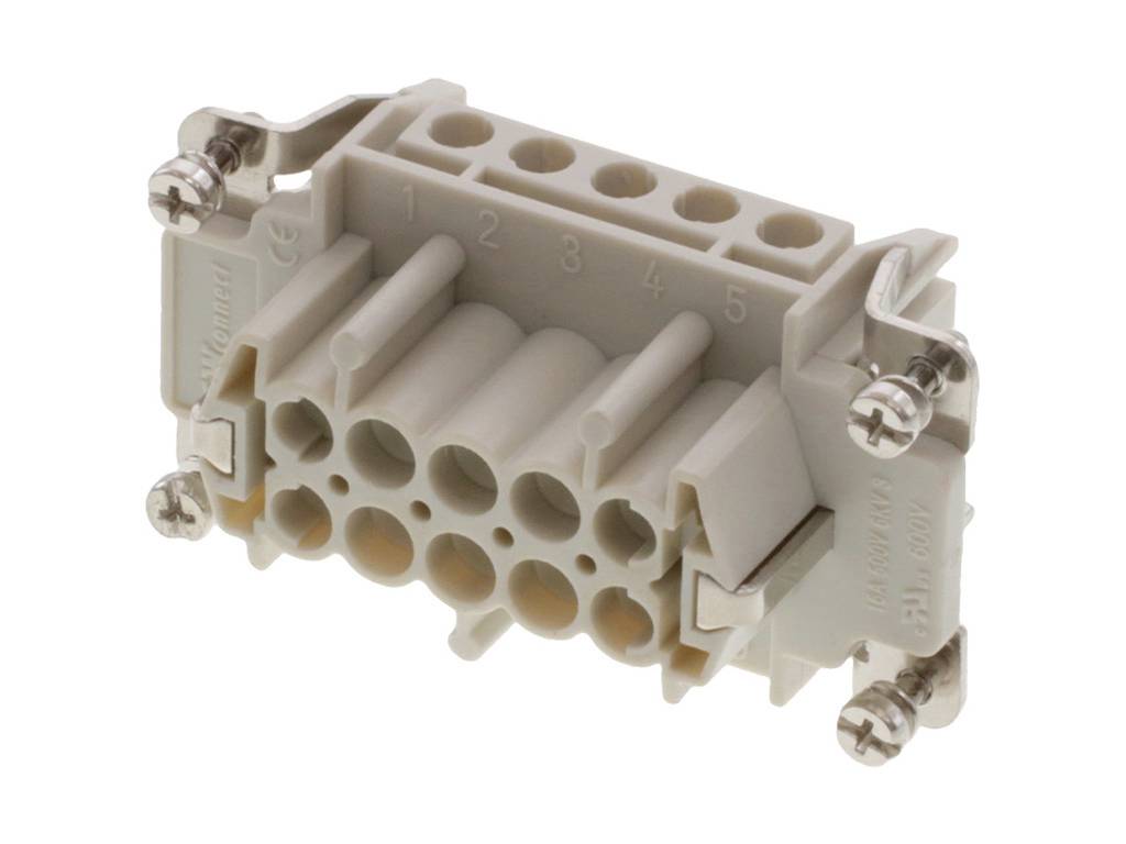 A rectangular, grey multi-pole plug with numbered terminals and side-mounting screws.