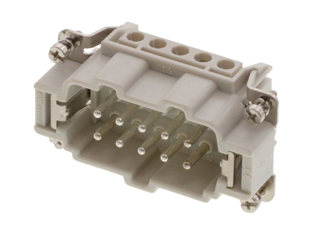 A grey, rectangular plug with multiple metal pins and screw terminals for electrical connections.