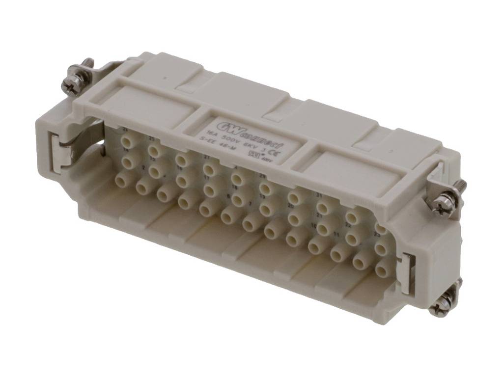 A rectangular, multi-pole connector with multiple contact positions, suitable for industrial applications.