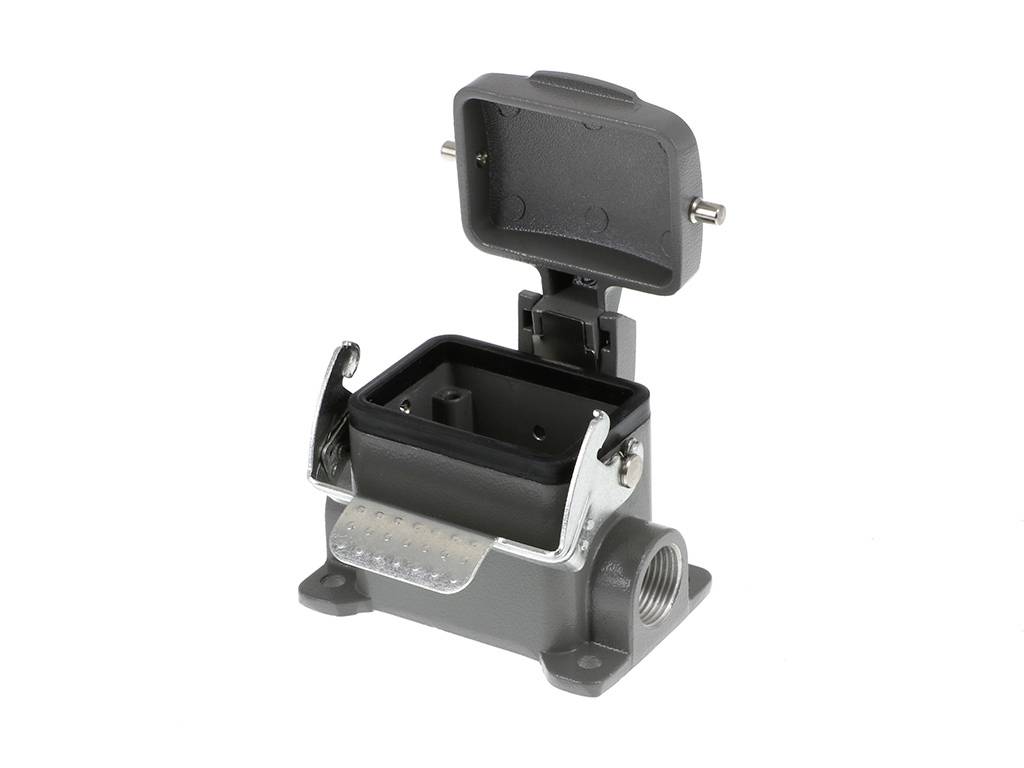 Electrical connector housings with an open lid, two side locking clips, and a fixed mounting base for industrial applications.