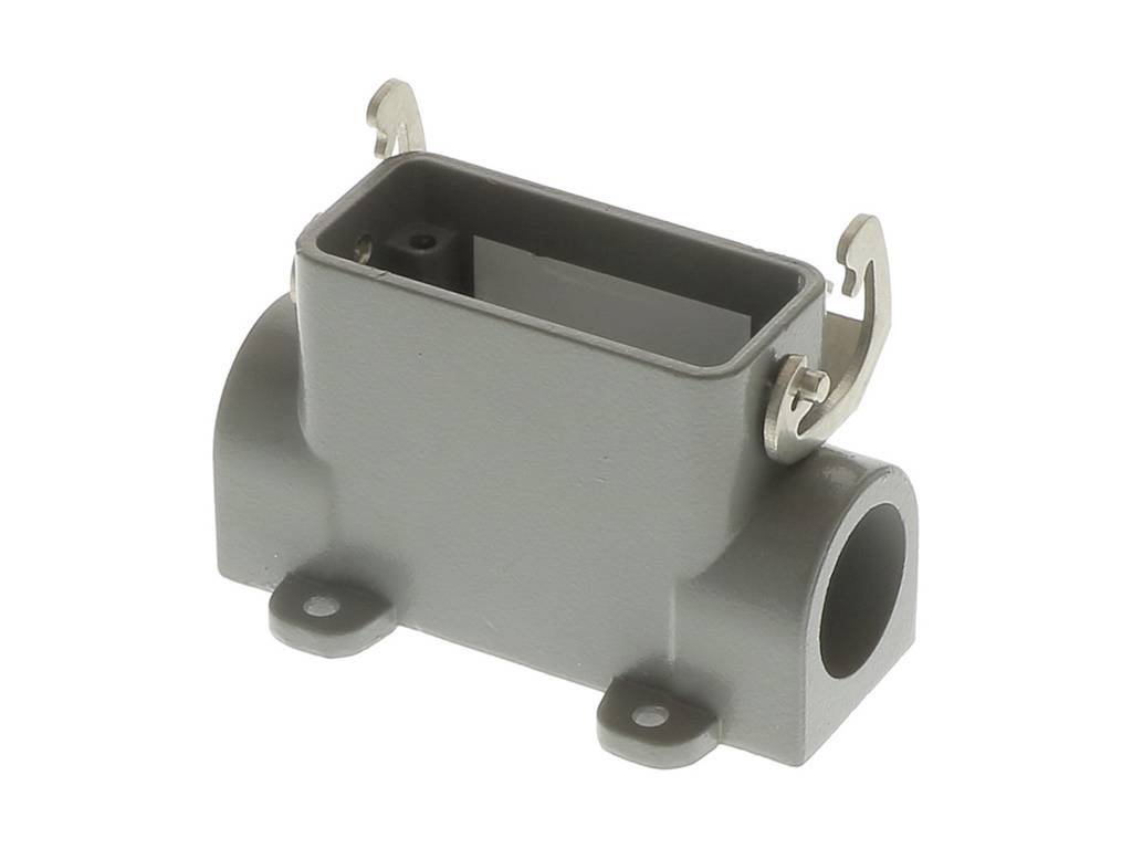 Grey rectangular electrical enclosure, with mounting feet and metallic retaining clips, for protecting cable connections.
