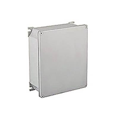 Metallic junction box with a rectangular shape, secured lid, and smooth surfaces, suitable for industrial applications.