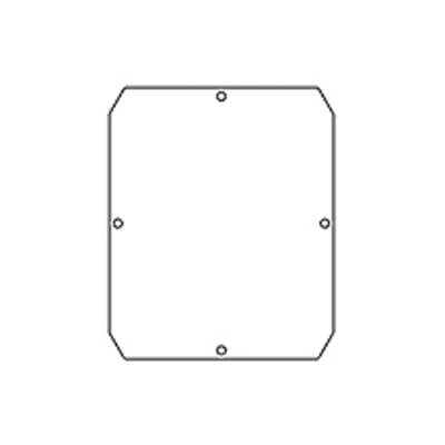Line drawing of a rectangular metal plate with chamfered corners and holes in the corners and sides for mounting.