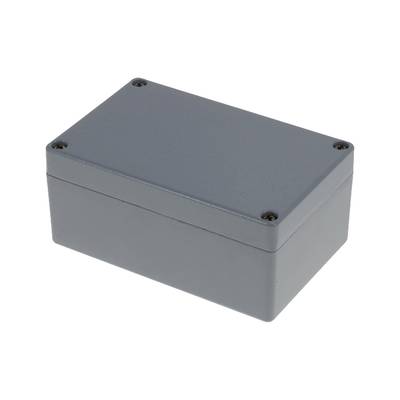 Grey, rectangular enclosure with four screws at the corners. It is likely used to protect electronic components.