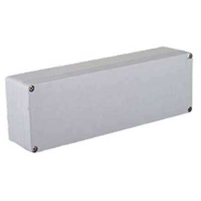 Rectangular grey metal box with screws at the corners. Commonly used for sealing or as a protective enclosure for electronic equipment.