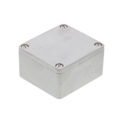 Small, grey, square metal box with screw fasteners at the corners.