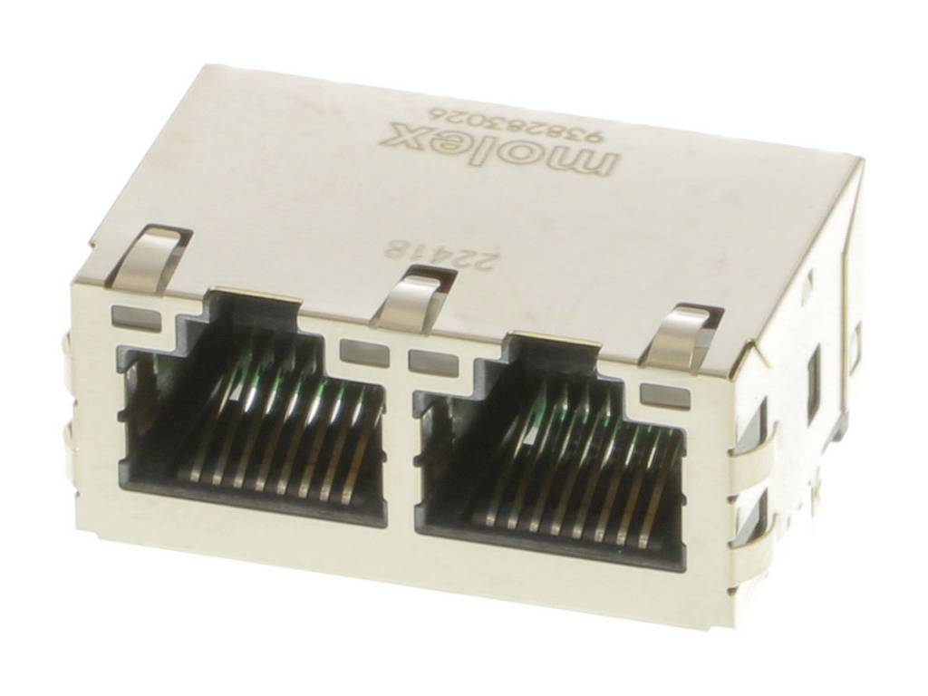 A double RJ-45 Ethernet socket from Molex, suitable for network cable connections.