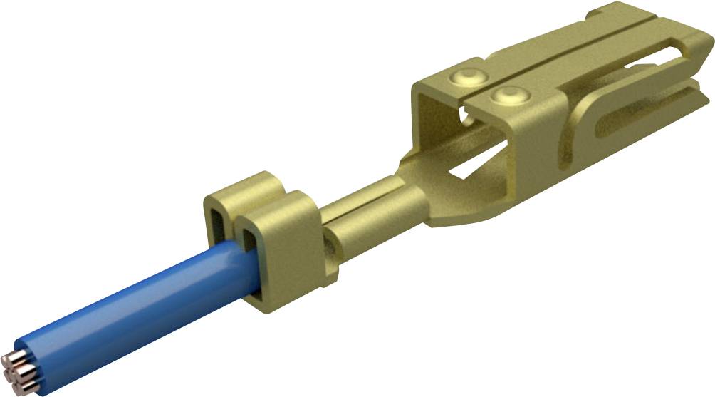 A metallic connector plugs into a blue cable. The connector has a rectangular shape with multiple openings.