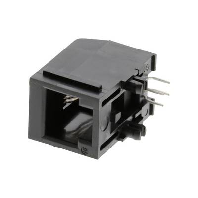 Black RJ45 Ethernet socket with multiple plug connections, shown from the side, for electrical connections in network devices.