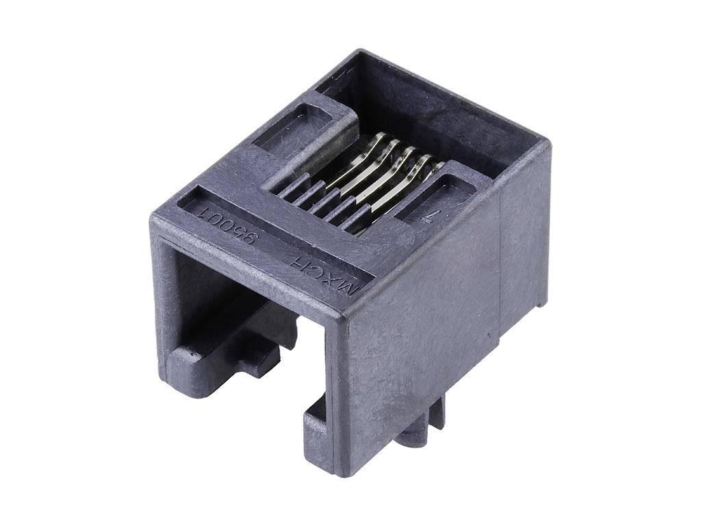 A black RJ45 network socket plug with eight metallic connection pins, depicted on a white background.
