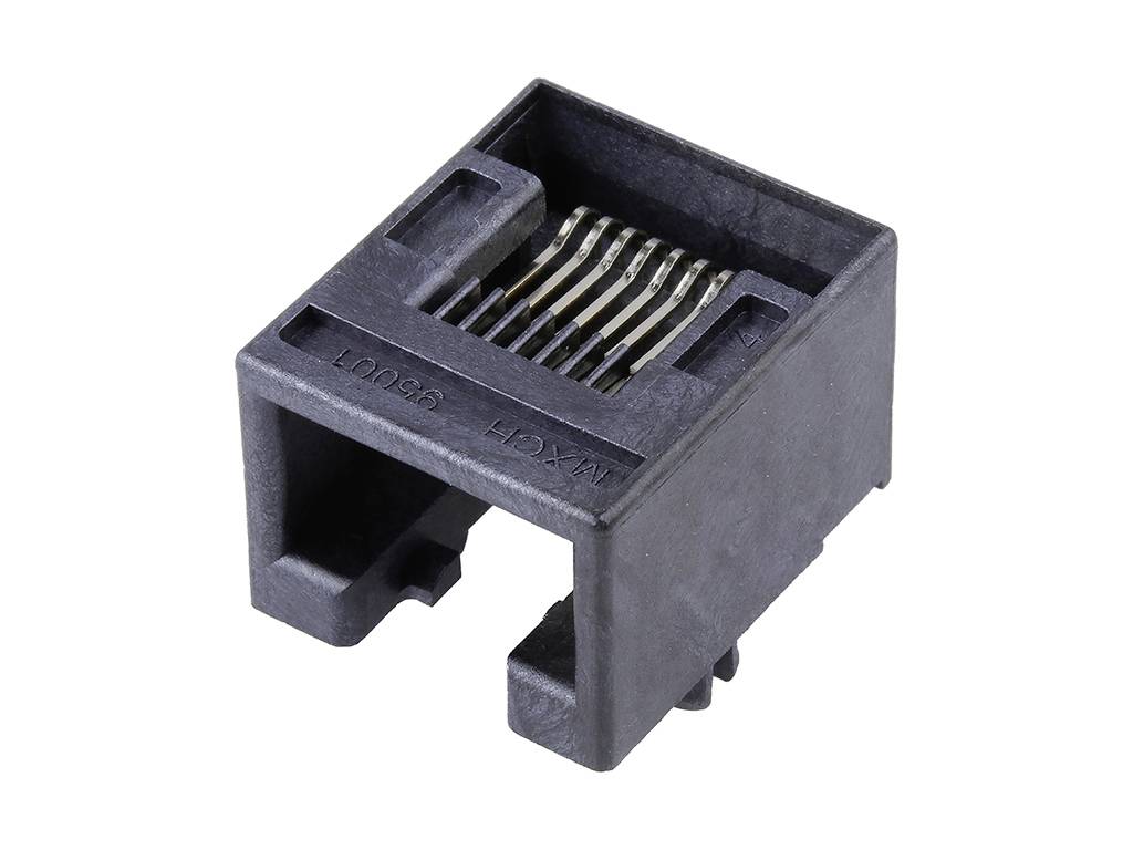 A black RJ11 socket plug with eight metal contacts in a plastic housing, used for telephone connections and data transmission.