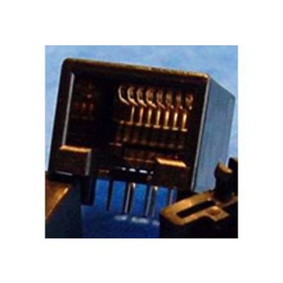 Close-up of an RJ45 network socket with visible metal contacts, against a blue background.