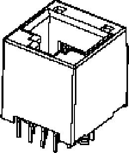 'Black and white sketch of an electronic connector that is open at the top and has multiple connection pins at the bottom.'