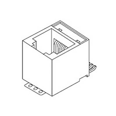 Line drawing of an electrical connector with a rectangular shape and wire openings on the side.