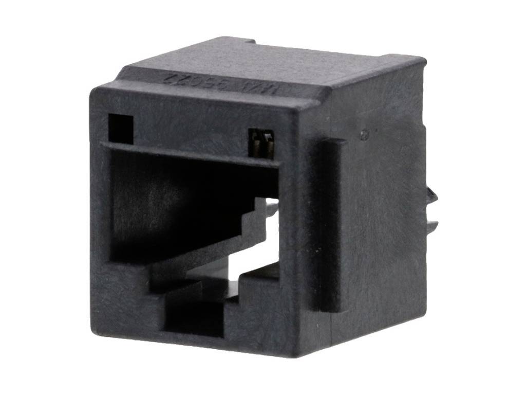 A black modular RJ45 socket plug, suitable for Ethernet cables, shows the opening for connection and mounting tabs.
