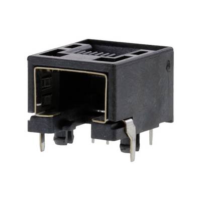 Rectangular black and grey RJ45 socket for Ethernet networks, showing the opening and contact pins for cable insertion.