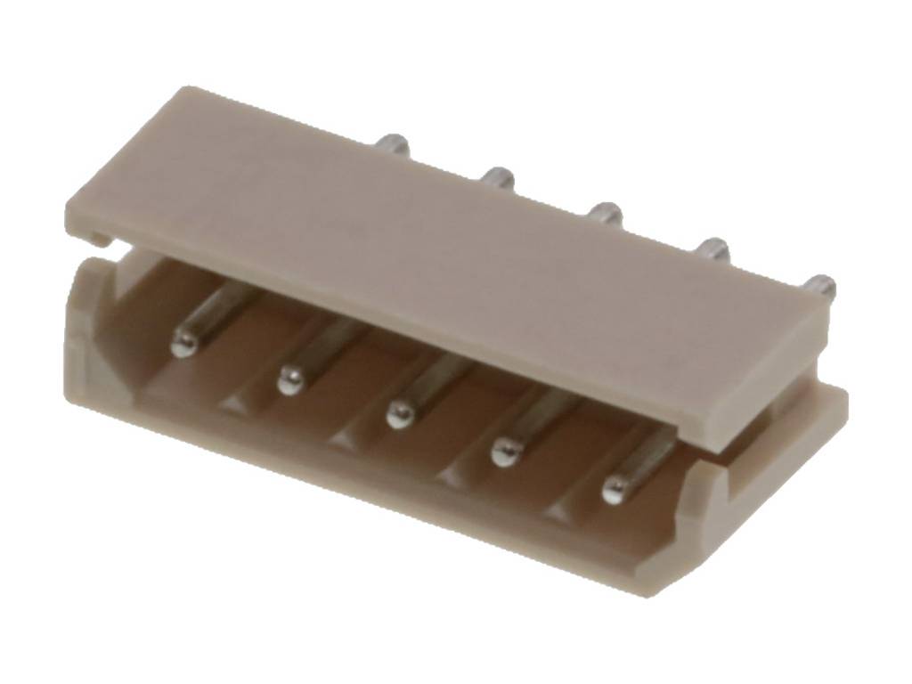 A rectangular, beige connector with five metallic pins is shown on a white surface.