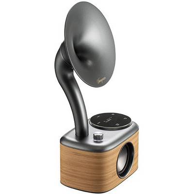 A modern retro radio with a wooden housing and a distinctive horn-shaped speaker.