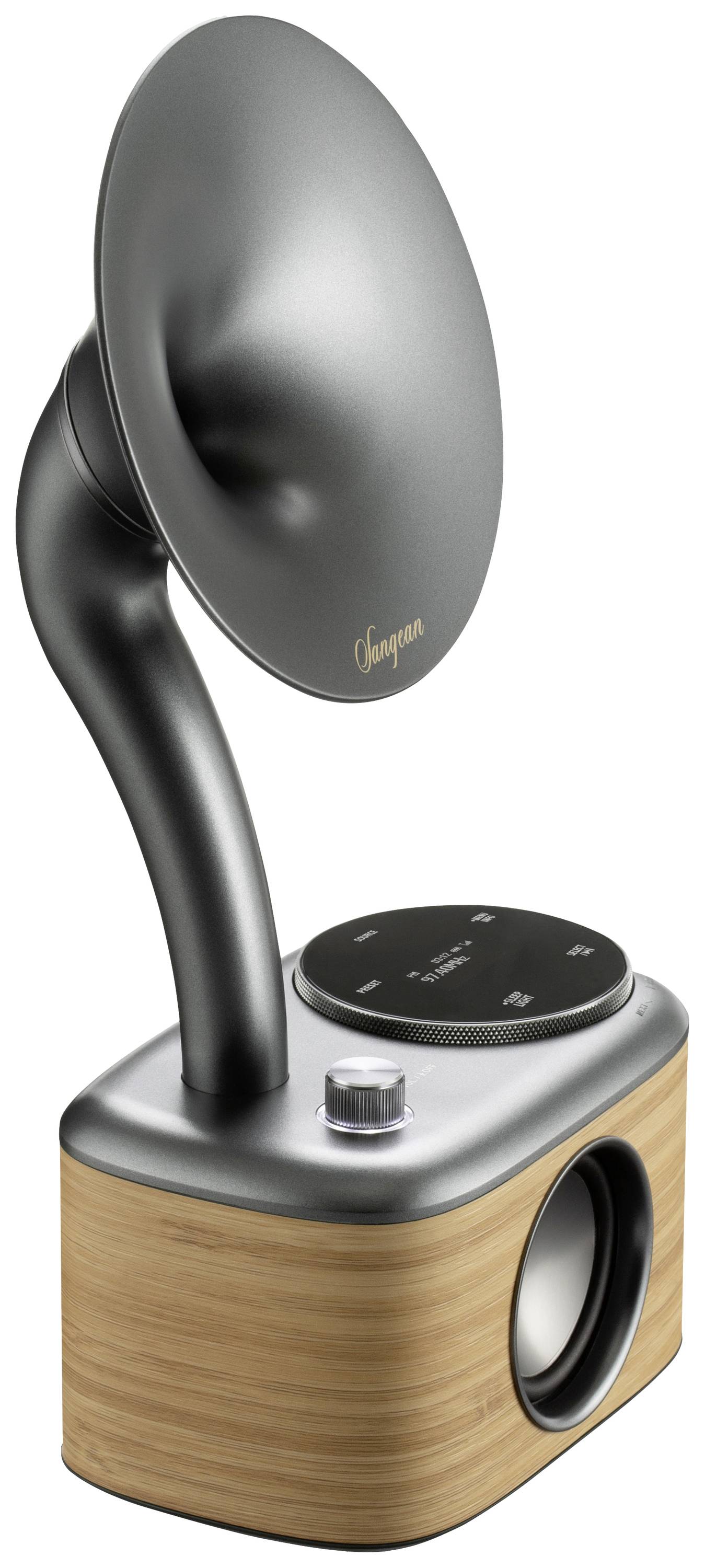 A modern loudspeaker in a retro style with a trumpet-shaped sound horn mounted on a square wooden base with control elements.