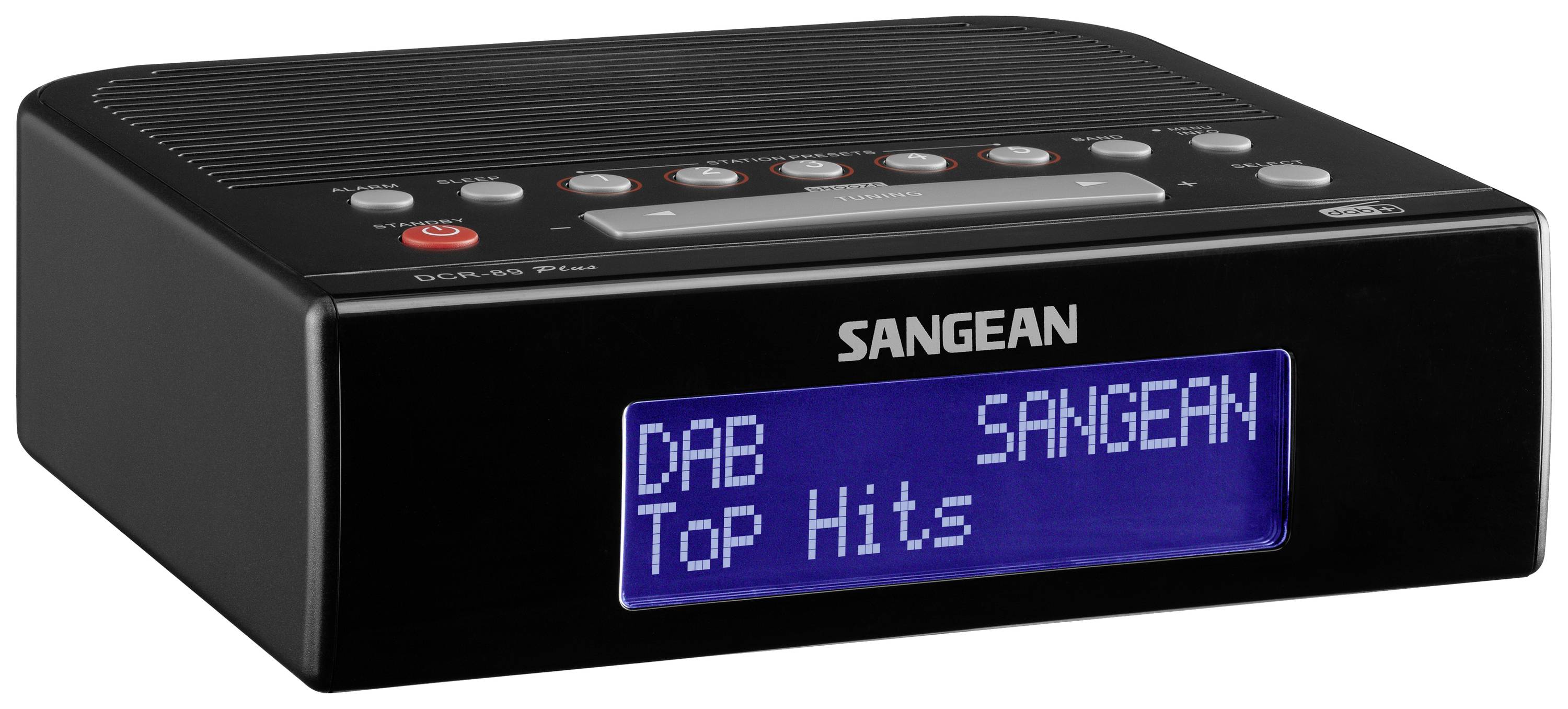 Black DAB radio with display showing 'SANGEAN' and 'Top Hits'. Control buttons at the top.