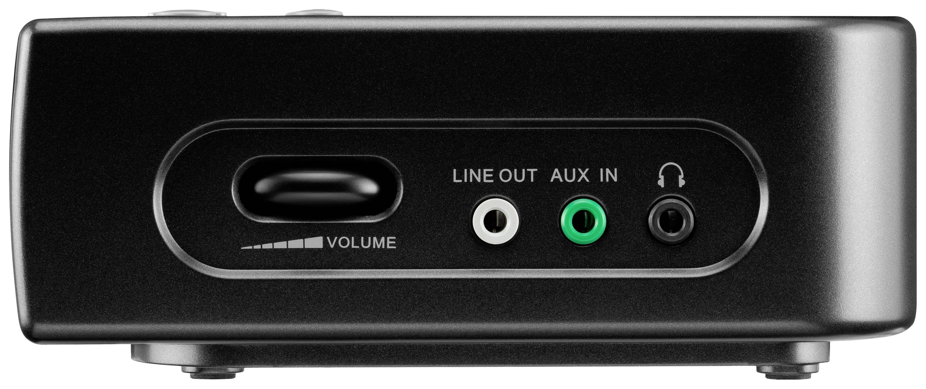 Back of a device with audio connections: volume control, LINE OUT, AUX IN and headphone socket, each colour-coded.