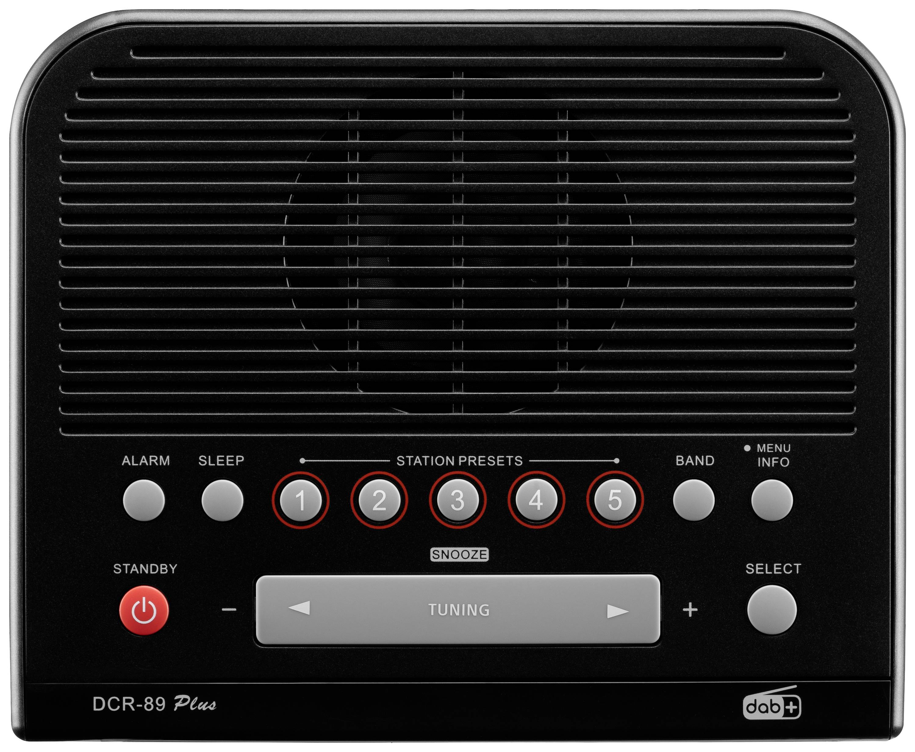 A digital DAB+ radio with display. Buttons for alarm, sleep, station selection and volume. Large speaker cover on top.