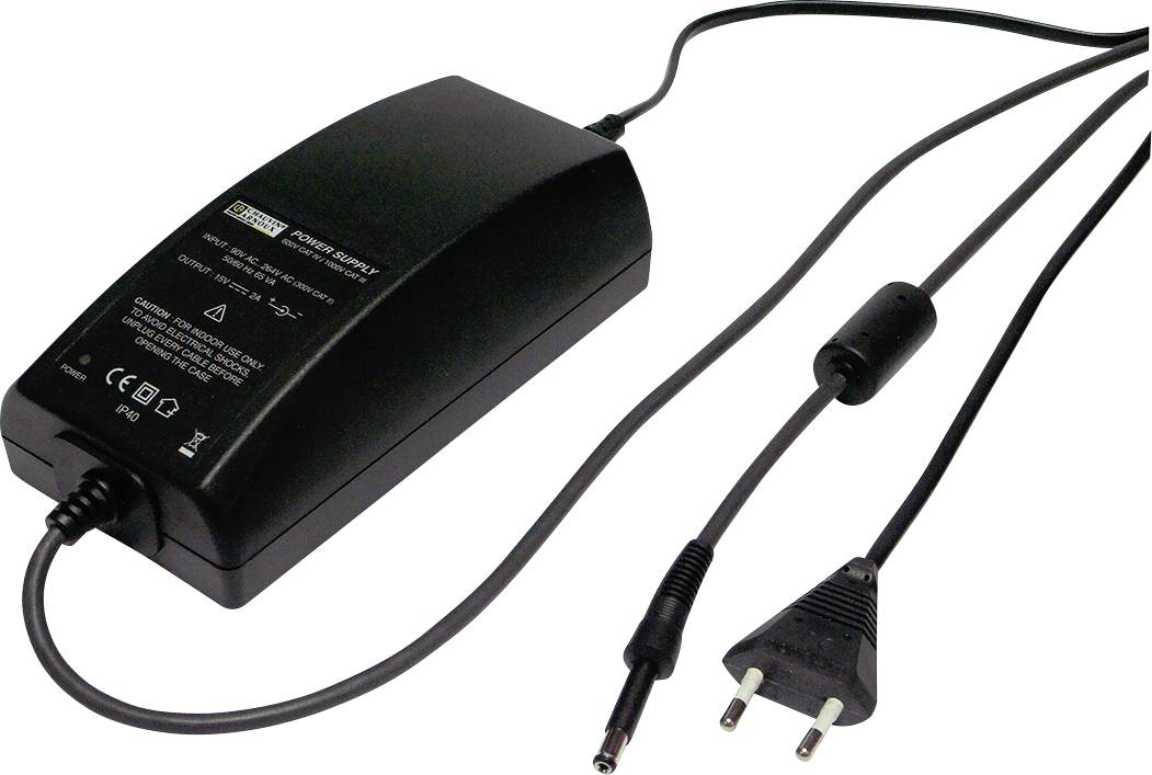 Black power supply with cable and European plug. Suitable for electronic devices with a two-pin connection.