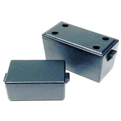 Two black rectangular plastic casings, one upright and the other horizontal, with holes for mounting or cables.