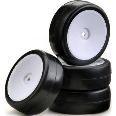 Four stacked black plastic wheels with white rims, suitable for remote-controlled cars.