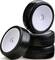 Four stacked black plastic wheels with white rims, suitable for remote-controlled cars.