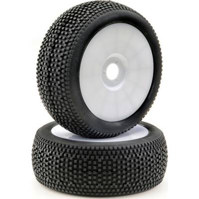 Two profiled, black tyres with white rims, slightly stacked. Suitable for off-road vehicles.