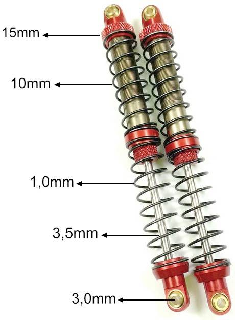 Two red shock absorbers with marked dimensions: 15 mm, 10 mm, 1.0 mm, 3.5 mm, 3.0 mm, pointing to the springs and components.