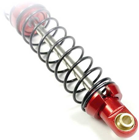 Shock absorbers in red and silver. Used in vehicle suspensions for damping impacts.