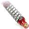 Shock absorbers in red and silver. Used in vehicle suspensions for damping impacts.