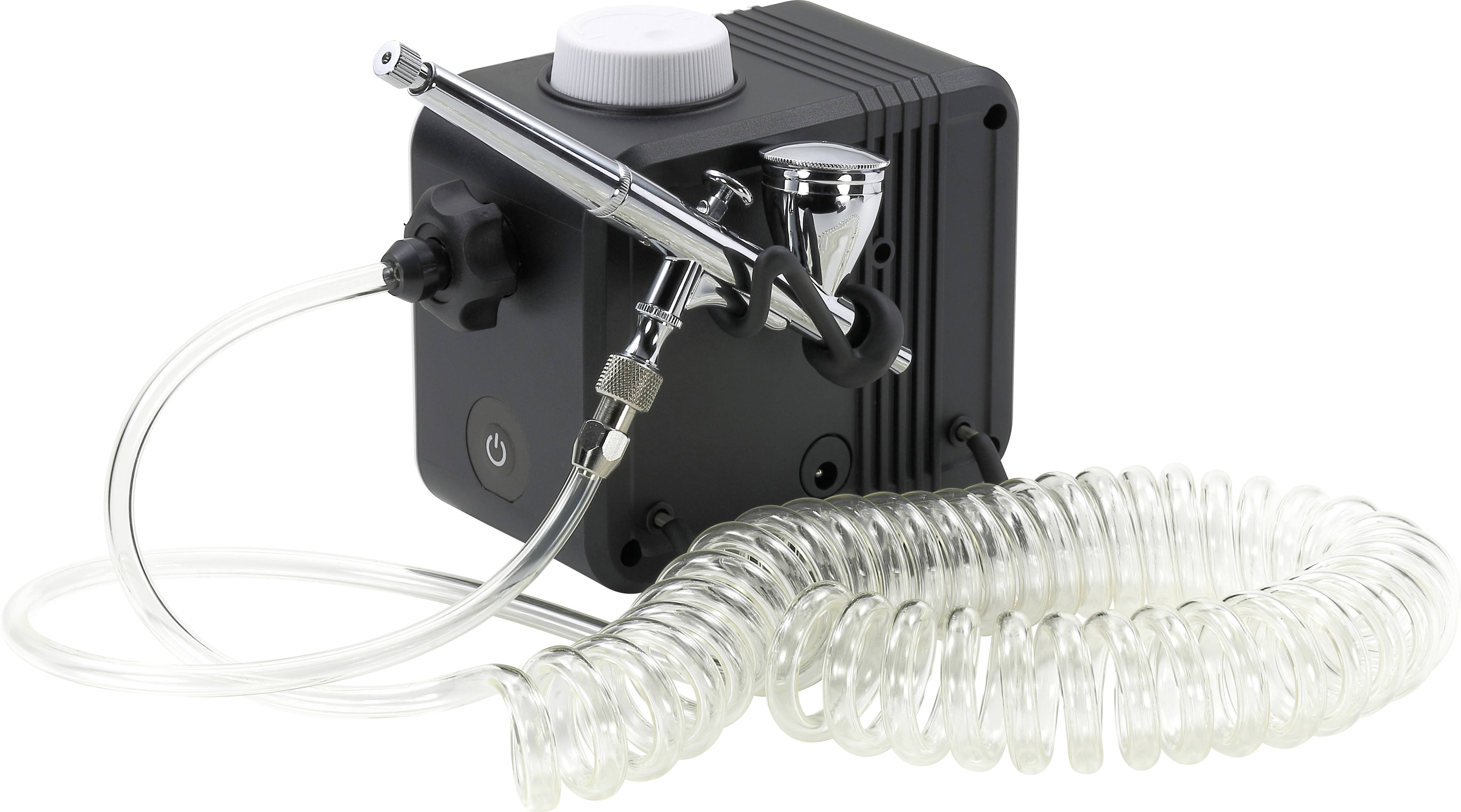 'Airbrush Compressor with Hose and Nozzle. Frequently used for detailed spraying in model-making and art.'