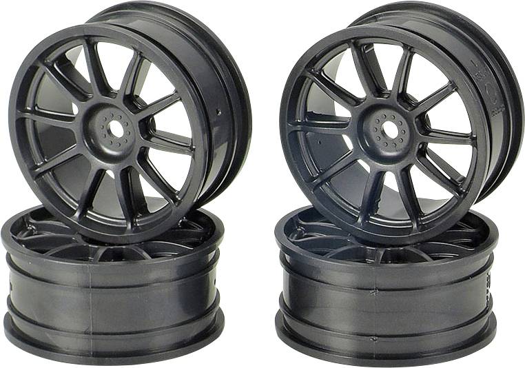 Four black alloy wheels, two standing vertically, two lying horizontally. They have a modern, sporty design.