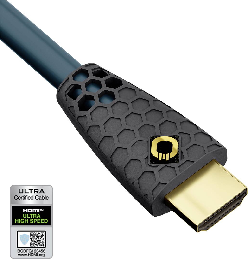 Certified HDMI cable with black connector and honeycomb-like pattern, marked with 'Ultra High Speed'. Certification label displays QR code and manufacturer information.