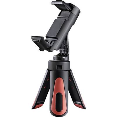 Tripod with red and black design and adjustable mount, suitable for smartphones. Perfect for photography or video recordings.