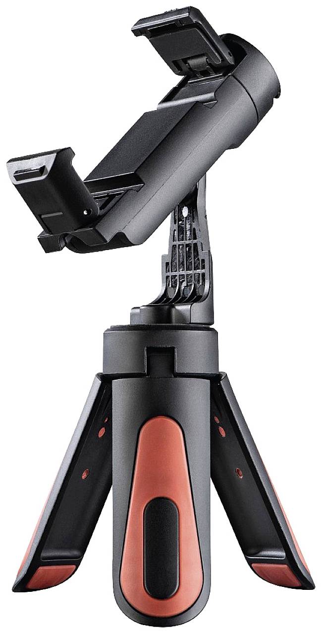 Smartphone mount with foldable tripod and red accents, suitable for stable support and flexible device positioning.