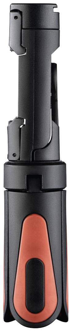 A foldable black and red tripod with a compact design, suitable for mobile devices. Ideal for travelling and outdoor activities.