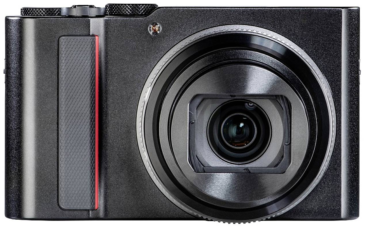 Black digital camera with a large lens and a red accent stripe to the left of the lens.
