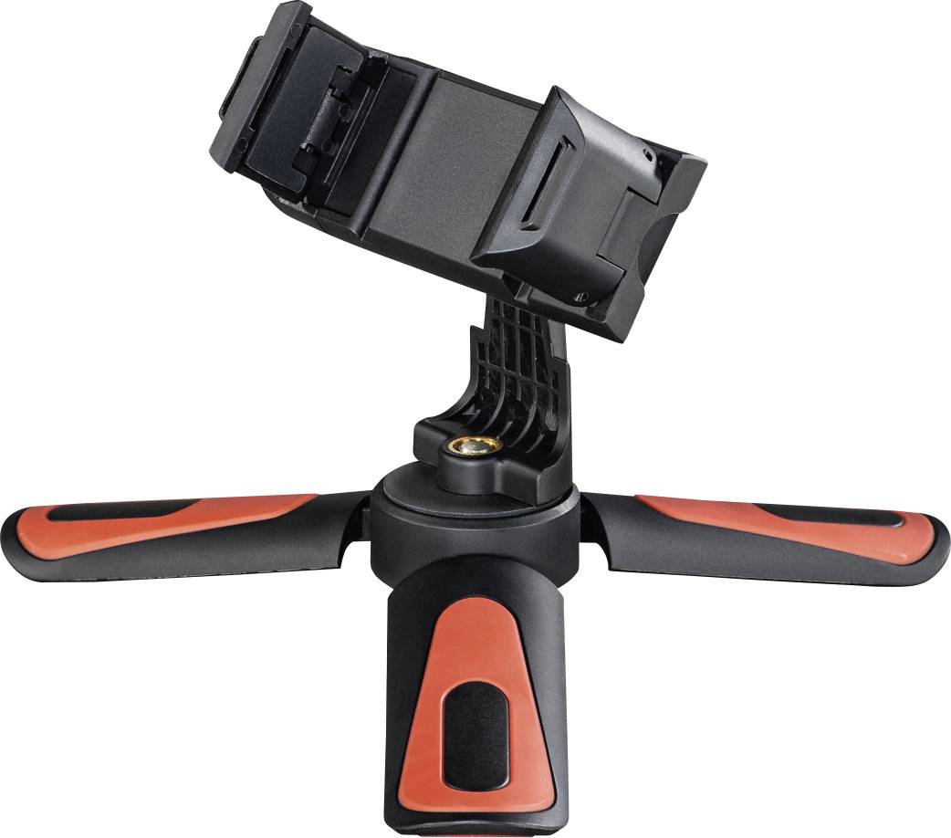 A small, black and red table tripod with adjustable mounting. Ideal for smartphones or lightweight cameras.