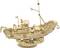 Wooden model of a ship with detailed structures, including mast, anchor, and portholes, mounted on a curved base.