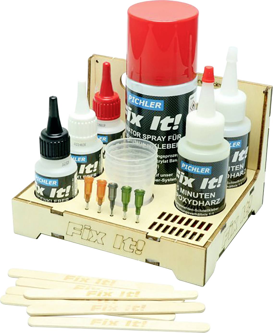 Craft set with glue, epoxy resin, spray bottle and accessories, displayed on a wooden stand, for model-making or handicraft projects.