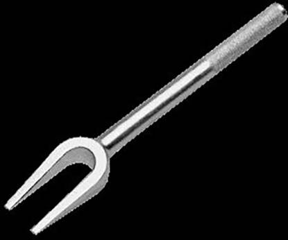 Metal fork with a long handle and two prongs, against a black background. It is typically used for serving meat.